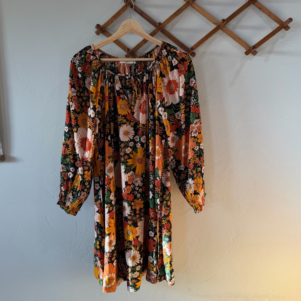 NATURAL LIFE Black Floral Boho Peasant Top with Orange & Yellow Blooms